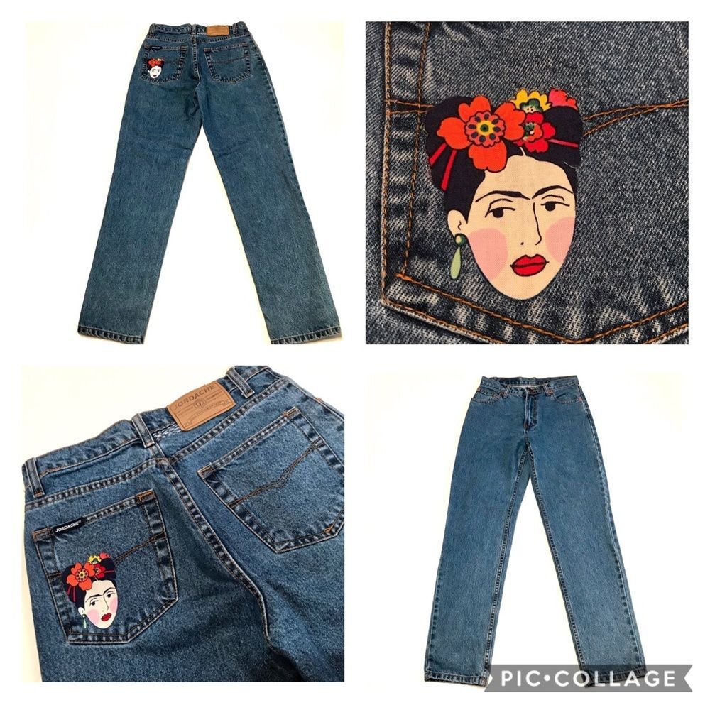 Vintage Jordache Frida Kahlo High Rise Mom Jeans Blue Artist Artsy Painter Sz 28